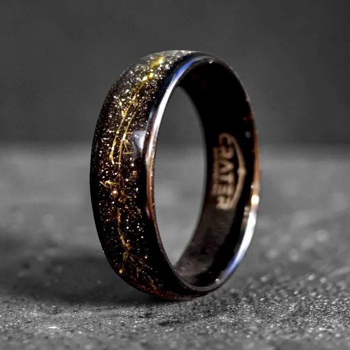 "GALAXY" Tungsten Ring. Gold Inlays and Meteorite Dust. The energy of the Universe in your hands.- 7 g
