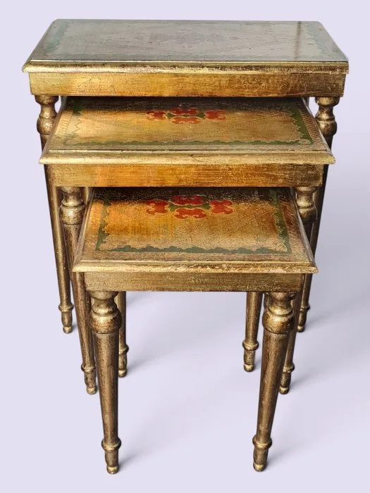 Nesting tables - Set of three vintage side tables – gold-colored, decorative wood - Wood