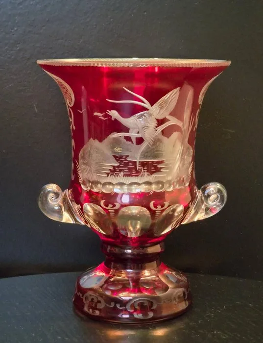 Vase - Antique Bohemian Ruby Cut to Clear Glass Medici Vase, Egermann Style Engraved Running Stag & - Glass