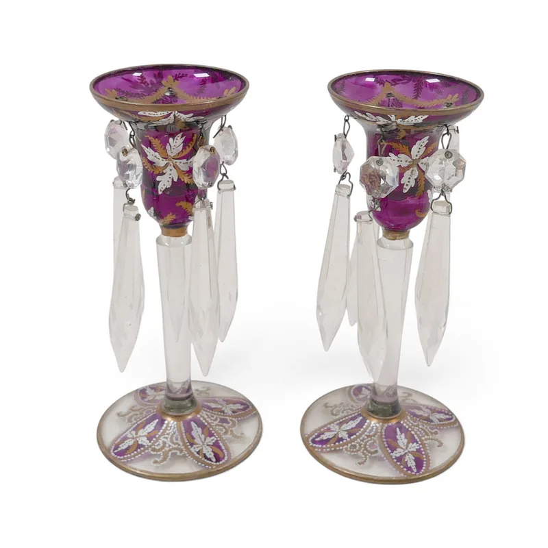 A Pair of Glass Lustre Candlesticks