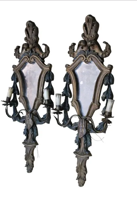 Mirror - pair of 19th-century carved wood wall sconces (appliques)