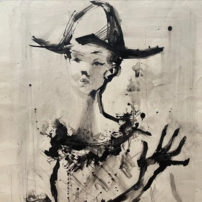Yves Ganne (1931-2019) - Portrait d'élégante au chapeau et verre de vin (1957)