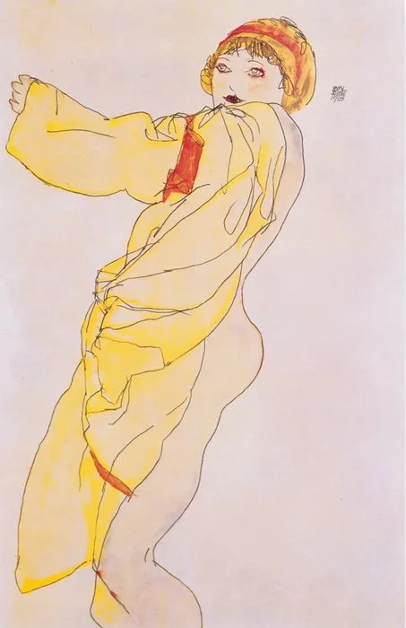 Egon Schiele - “Woman in dress, 1913”. Gesigneerd en gedateerd in de plaat