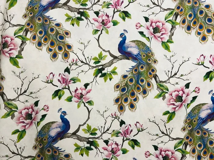 OEKO-TEX certified cotton fabric – Peacocks and flowers in chinoiserie style – Exclusive GCFabrics – - Upholstery fabric - 3 m - 2.8 m