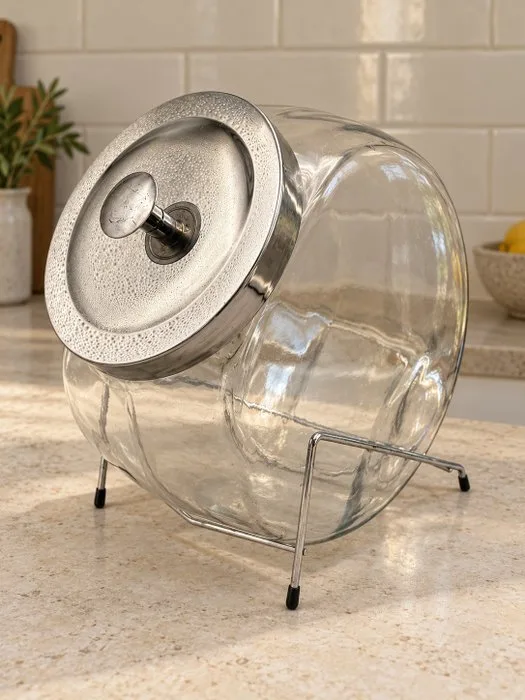 Vintage glazen winkelierspot op metalen standaard – met decoratief zilverkleurig deksel - Pot - Glass - glass shopkeepers' pot
