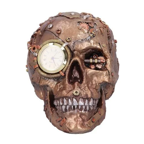 Sculpture, Steampunk Skull Clock Sculpture – Industrial Bronze Effect Resin Art Collectible - 19 cm - Resin
