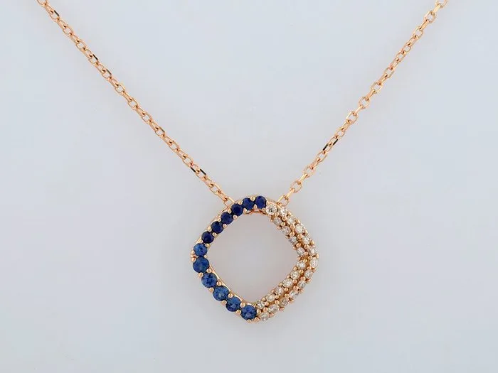 Necklace with pendant - 14 kt. Rose gold - 0.22ct. tw. Sapphire - Diamond
