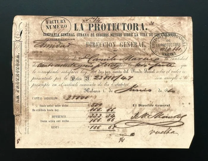 Manuscrito - Esclavos España colonial, año 1860. Seguro sobre la vida de un esclavo. Habana, Cub*. La Protectora - 1860