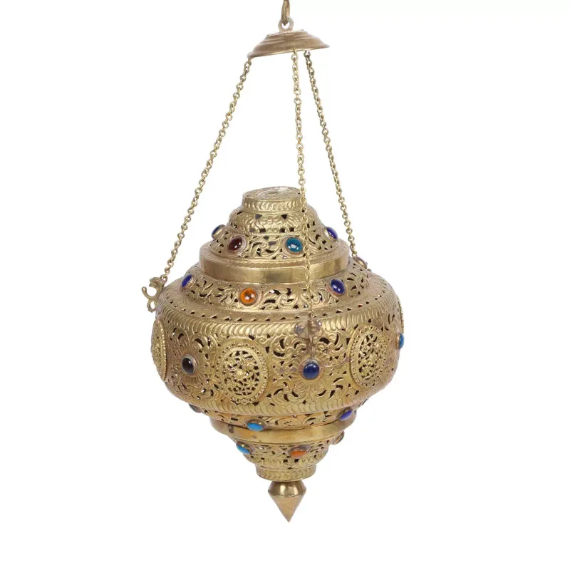 A Jewelled Pierced Brass Hanging Lamp In the Moorish taste, late 19th or early 20th Century, of ovoid form with a stepped domed cover and a conical drop finial