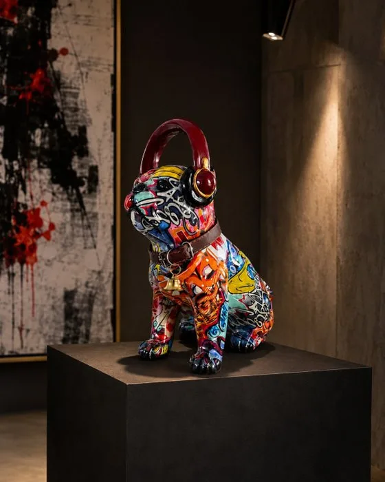 Statue, Exclusieve Graffiti Bulldog met Koptelefoon – Designobject - 29 cm - Resin