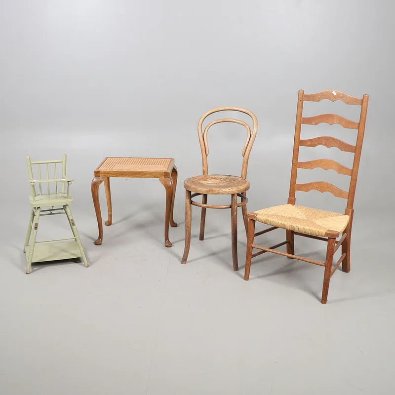Three Assorted Chairs with a Rattan Footstall