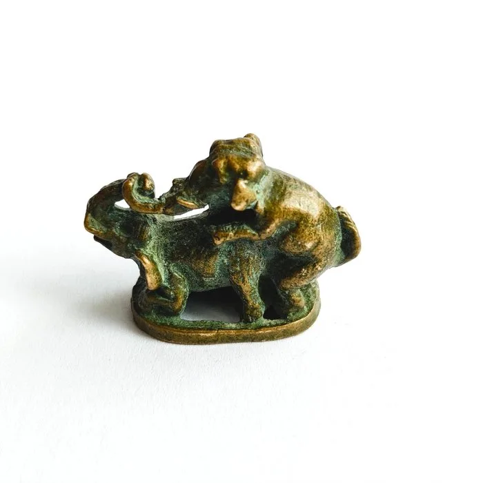 Ancient Indochinese Hill Tribes Bronze Rare XS Elephants Mating Fertility and Power Bead Talisman - 22 mm
