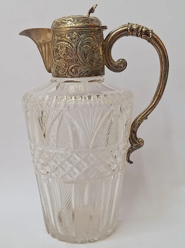 Fine C19th Cut Crystal & Silver Mounted Claret Jug, circular tapering body, star cut base, circular decorative hob nail cutting, elaborate silver mount