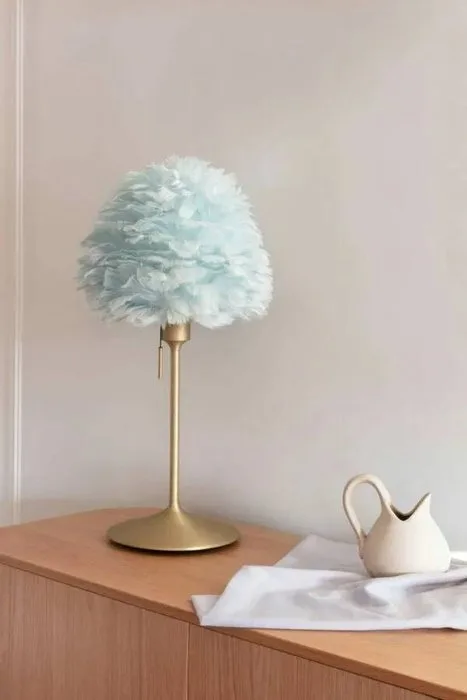 Umage - Søren Ravn Christensen & Anders Klem - Ceiling lamp - Eos Evia Mini Table Lamp – Light Blue – Incl. Santé Table Stand in Brushed Brass - Aluminium, Steel, Textile
