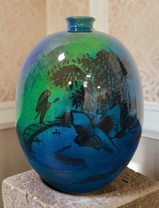 Kato Takehiro Kyoto Kiyomizu Ware Decorative Vase – “Kyo Sansai” Landscape Design - Porcelain - Kato Takehiro - Japan - Shōwa period (1926-1989)