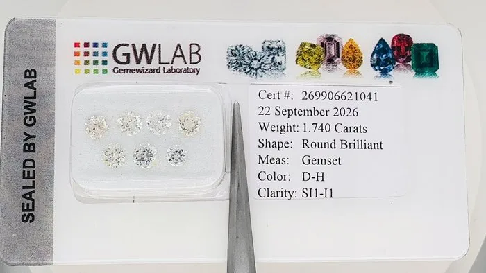 7 pcs Diamond (Natural) - 1.74 ct - Round - D (colourless), H - I1, SI1 - Gemewizard Gemological Laboratory (GWLab)