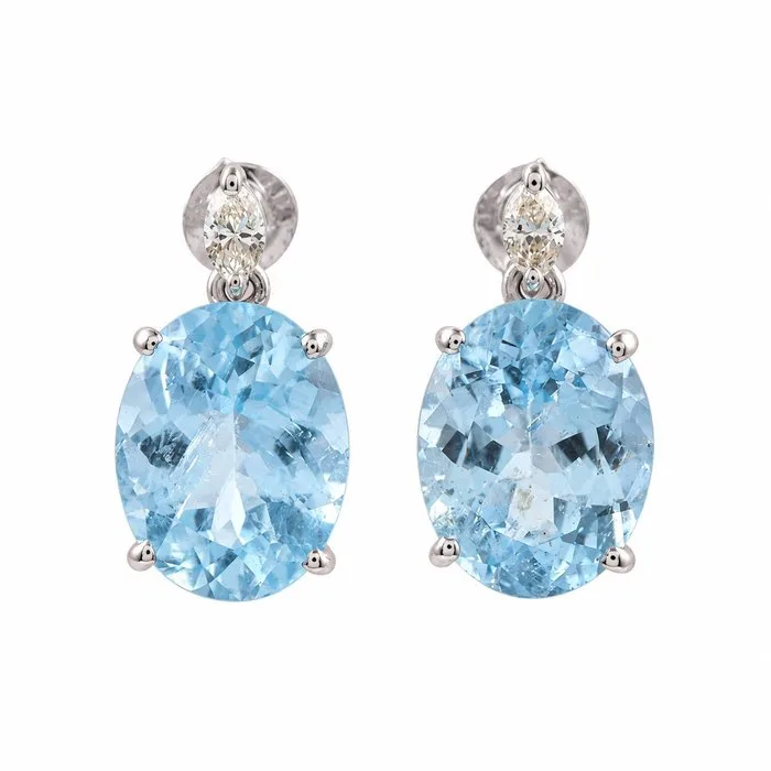 Earrings - 14 kt. White gold - 6.96ct. tw. Aquamarine - Diamond