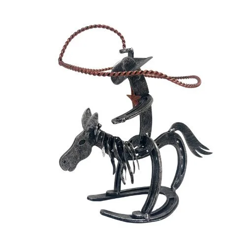 Sculpture, Vintage Western Cowboy on Rocking Horse – Handcrafted Metal Sculpture with Lasso - 23 cm - Iron, Steel