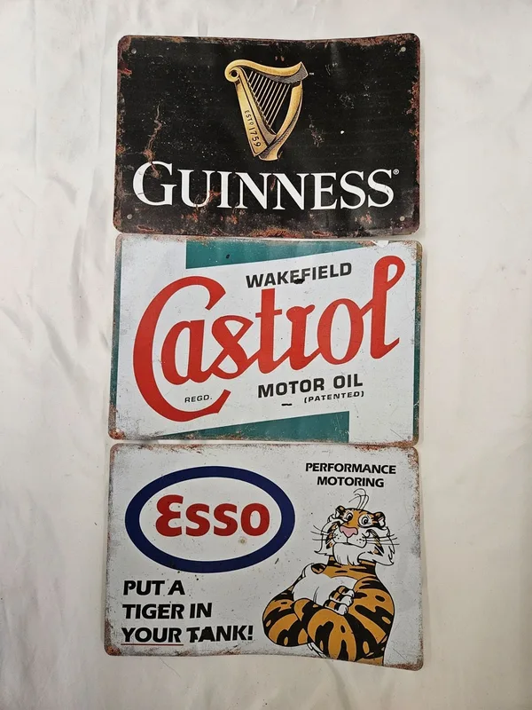 3 Vintage Style Metal Advertising Wall plaques Castrol, Guinness & Esso, each approx.