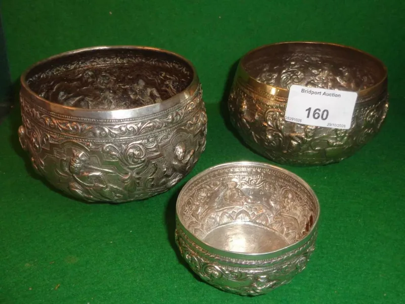 3 x Burmese silver repousse 19thc to early 20thc repoussé decorated silver bowls, size largest