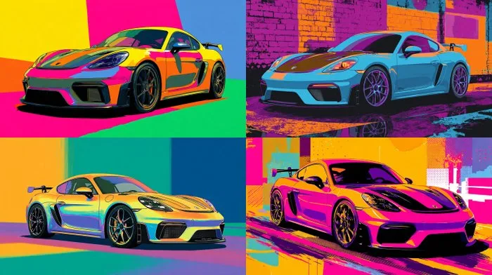 CREATIVE_HUB - set of 4 canvas cm 50 x 90 each - Porsche Cayman GT4 Rs in Andy Warhol style