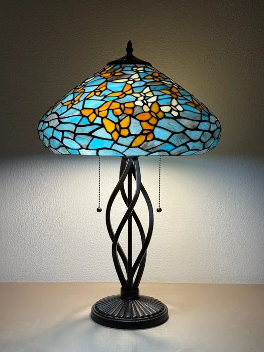 XXL Tiffany stijl tafellamp BLUE BUTTERFLY SCULPTURAL BASE lamp met 2 lichtpunten Ø 41x60cm! - Table lamp - Stained glass, metal