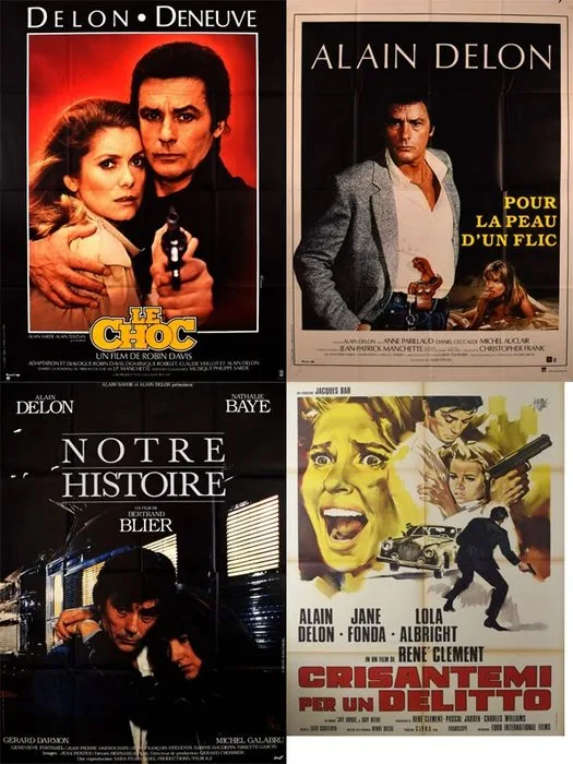 Alain Delon - Alain Delon - Collection of 4 Vintage Original French-Italian Cinema Posters - Pour la Peau d'un Flic, Notre Histoire, Le Choc & Les Felins