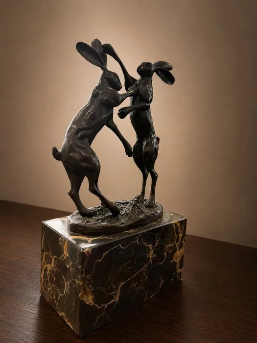 Nick - Sculpture, Bronzen sculptuur – Twee boksende hazen – op marmeren sokkel - 24.5 cm - Bronze, Marble