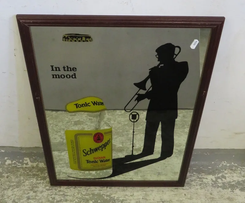 Schweppes Indian Tonic Water Advertising Mirror with dark wooden frame approx.