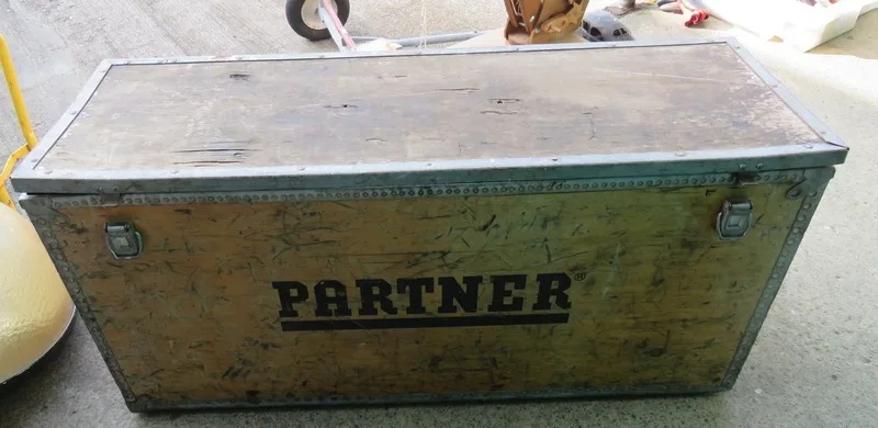 Large Wooden Box with metal frame 'Partner' to front, previously housing disc saw approx.