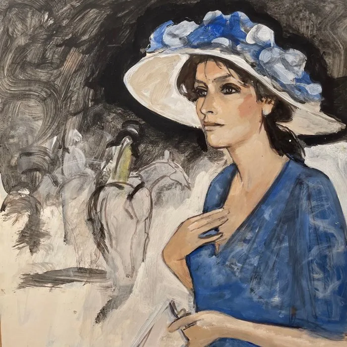 Yves Ganne (1931-2019) - Portrait de femme en robe bleue aux courses hippiques (vendu