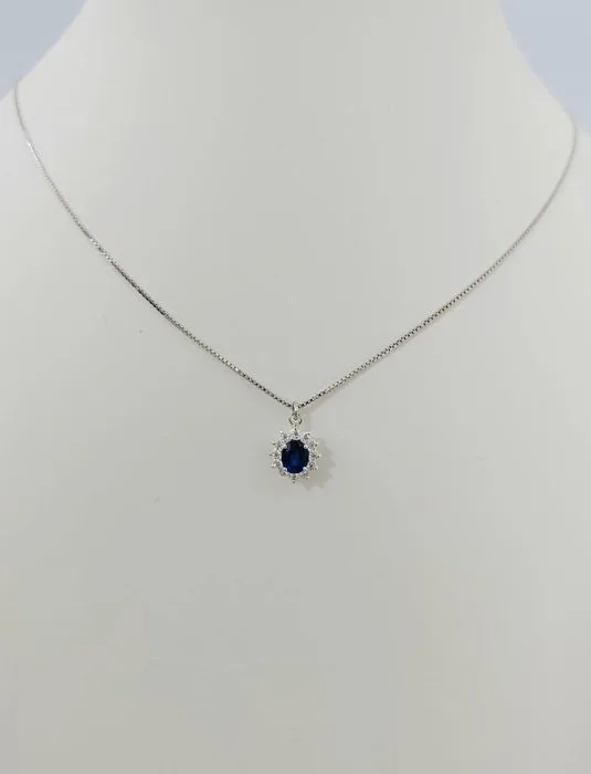 Necklace - 18 kt. White gold Diamond (Natural) - Sapphire