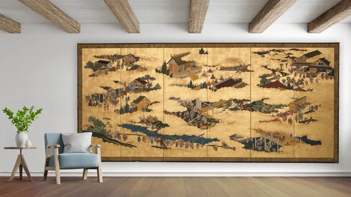 Folding screen with festive genre painting - Silk, Paper, Lacquered wood, Gold leaf - Japan - Late Edo period (first half 19th century)