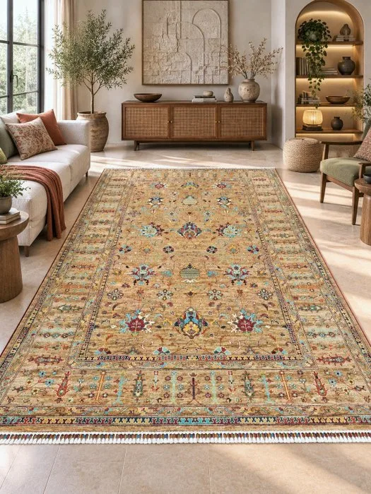 Ziegler, Premium Camel & Turquoise 100% Hand-Knotted Rug | Masterpiece – Ziegler / Sultanabad Floral Design – - Rug - 306 cm - 205 cm