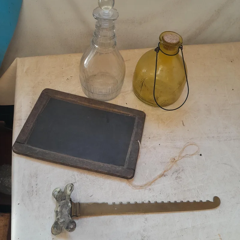 Victorian cut glass decanter, vintage pressed glass wasp trap, black board and Edwardian brass towel rail