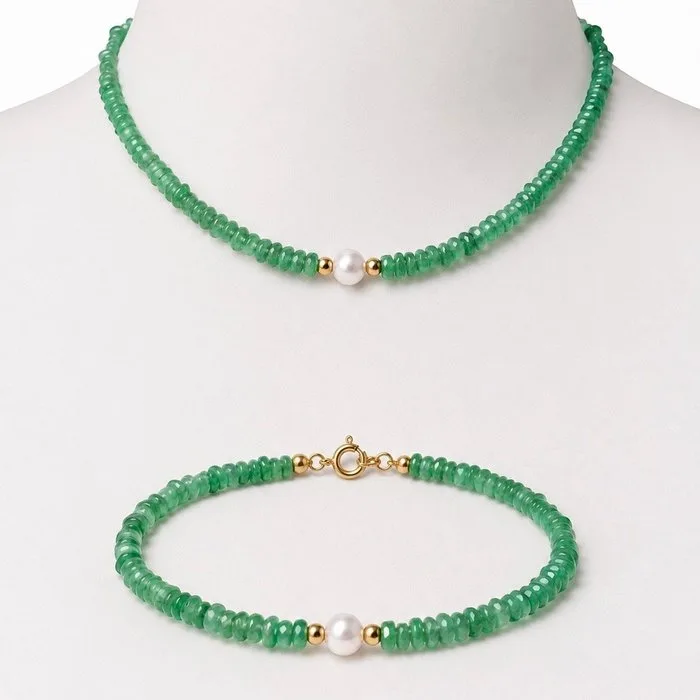Necklace - 18 kt. Yellow gold Emerald - Pearl