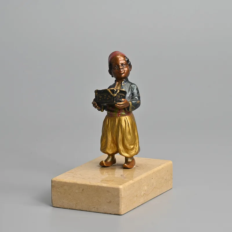 An Austrian Cold-Painted Bronze Figure of an Arab Boy on Marble Base by Franz Bergmann, Early 20th Century