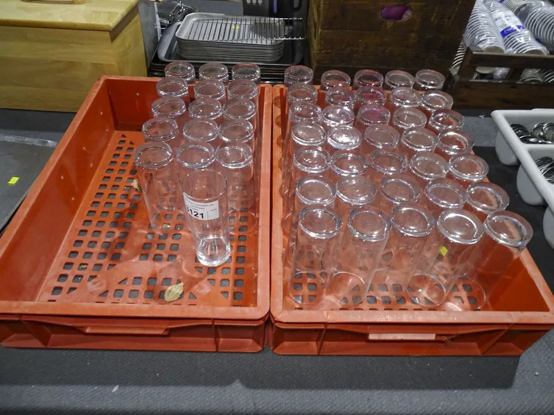 VAT. 2x crates containing a quantity of slim Jim drinking glasses