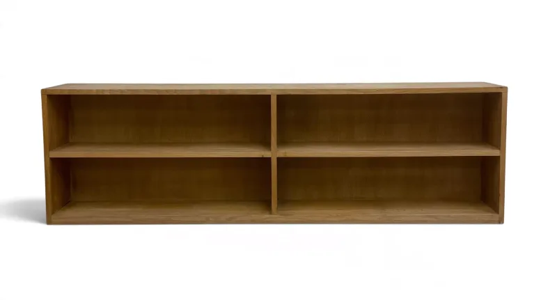 A vintage oak wall hanging open bookcase of simple square form with dovetailed joints. H.50 x W
