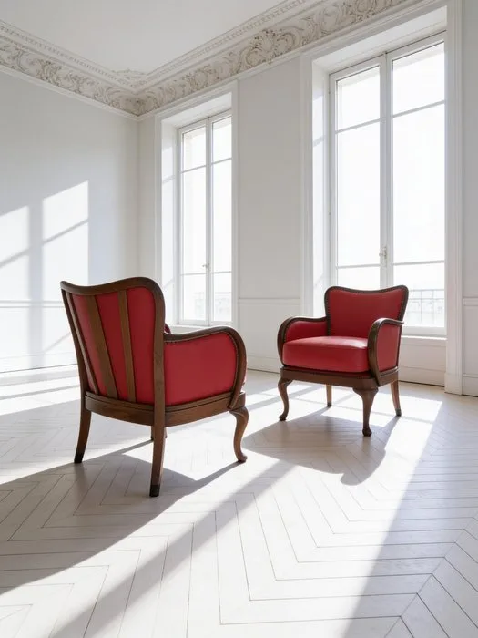 Armchair (2) - Wood, Synthetic leather, Walnut