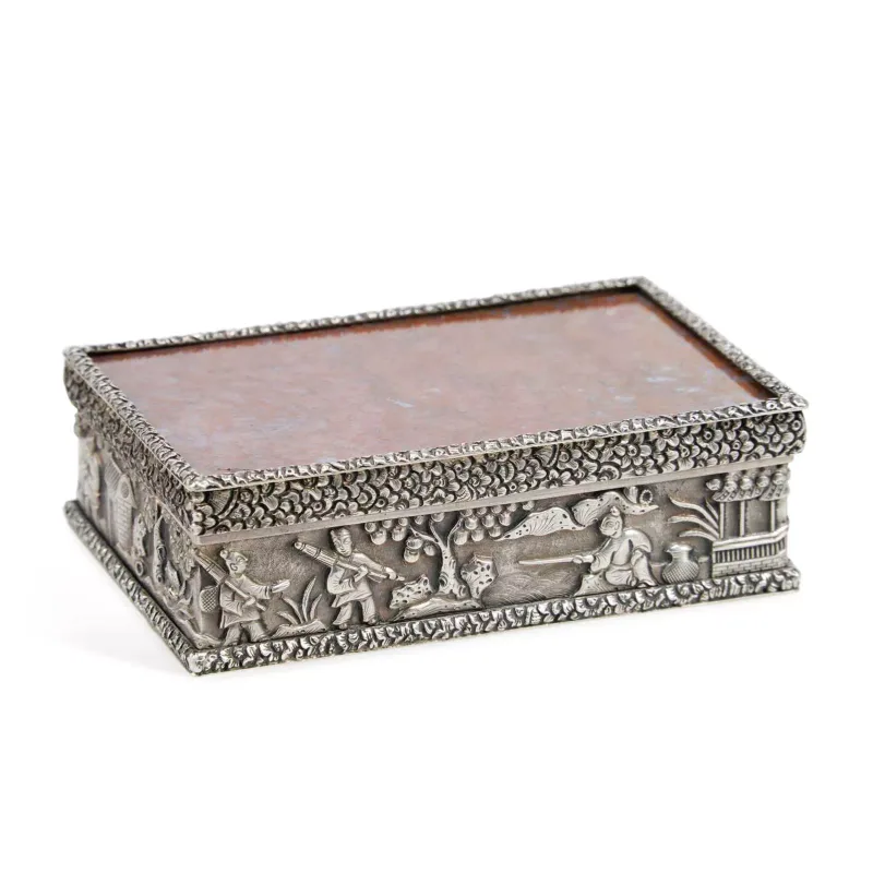 A Chinese Silver And Hardstone Snuff Box apparently unmarked, of rectangular form with a hinged cover inset with a hardstone panel