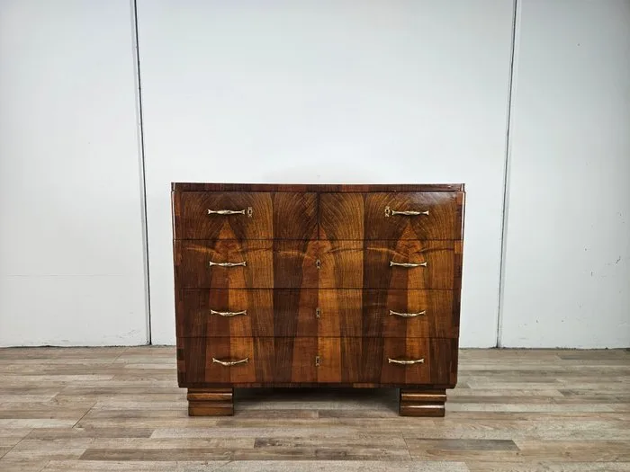 Commode - Walnut Art Deco dresser from the 1940s – 5 drawers - Burr walnut, Brass