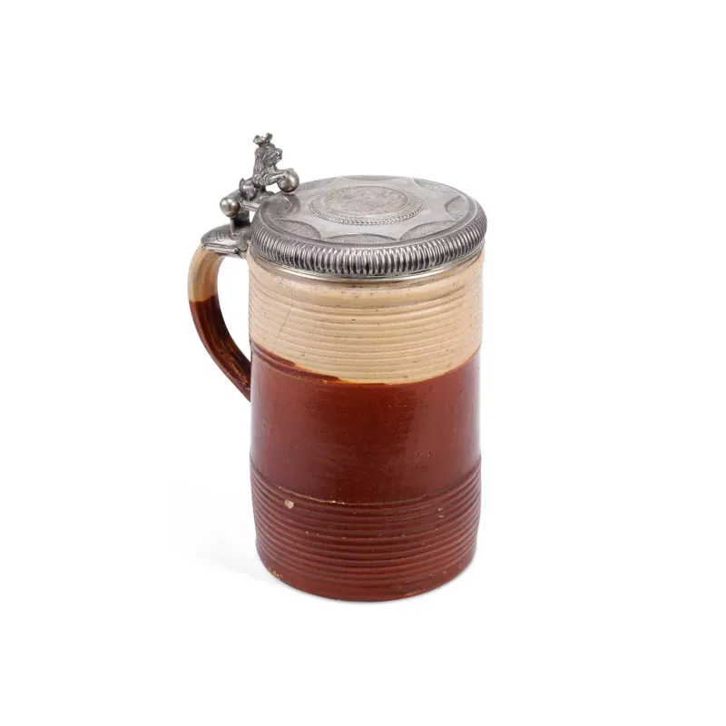 A Scandinavian Silver-Mounted Salt-Glazed Tankard 18th Century, of ribbed cylindrical form