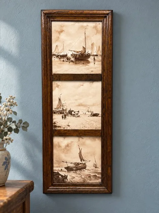 Tile - Maritiem tegelpaneel – Royal Schwabap / Ter Steege – drie sfeervolle kusttaferelen in houten lijst - 1980-1990 - Maritime tile tableau
