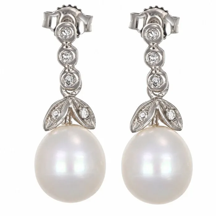 Earrings - 18 kt. White gold - 0.10ct. tw. Pearl - Diamond - Made in Italy - Handmade