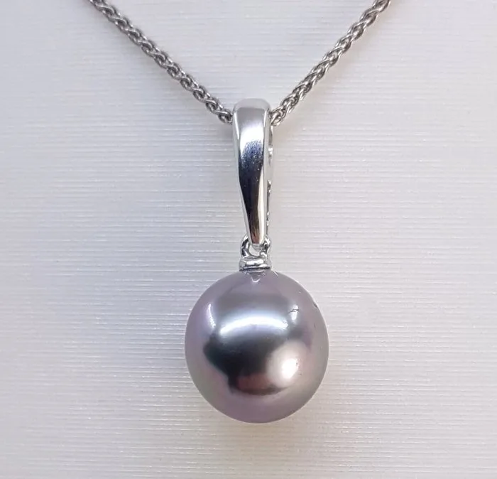 Necklace with pendant - 14 kt. White gold, 10mm Tahitian Pearl Drop