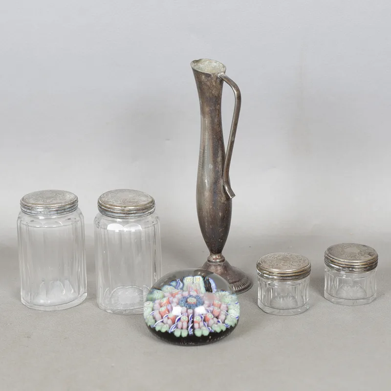 A Millefiori Glass Paperweight and Four Glass and Silver Plate Dressing Table Jars and Posy Vase (6)