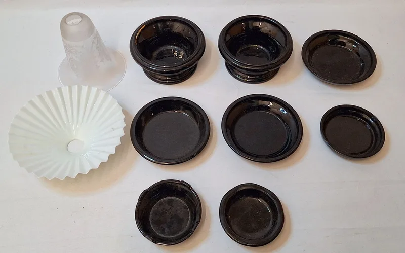 Black Glass Plinths & 2 vintage lampshades, 1 milk glass (1 Box)