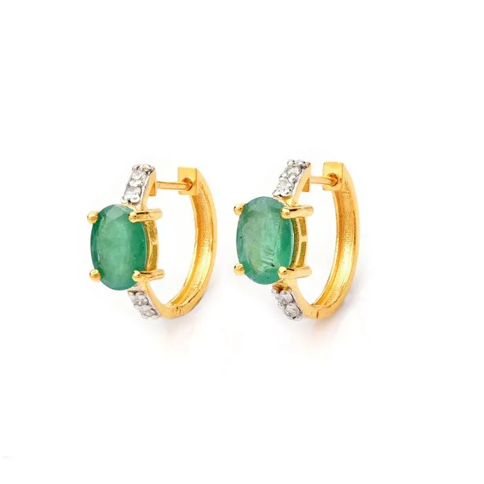 Hoop earrings - 14 kt. Yellow gold - 1.56ct. tw. Emerald - Diamond - Engagement Hoops Earrings