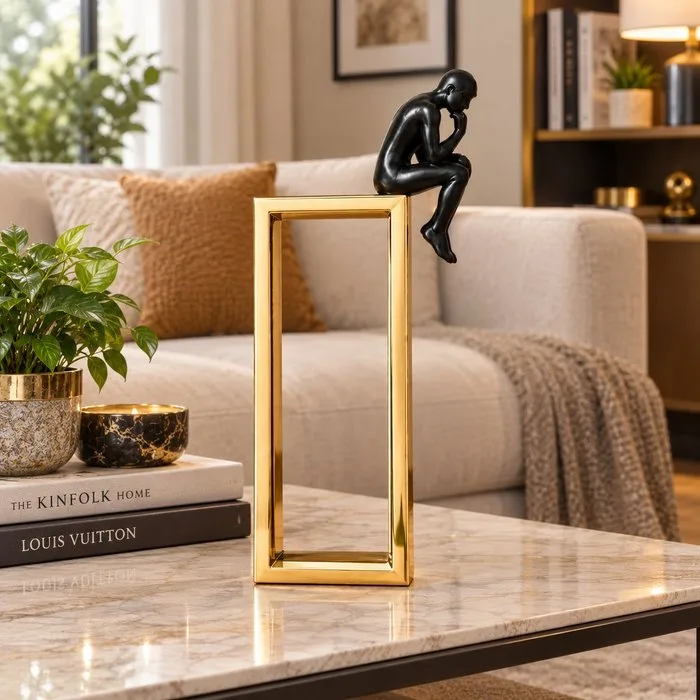 Statue, Contemporary Contemplative Figure Sculpture – Black and Gold Metal - 25 cm - Metal
